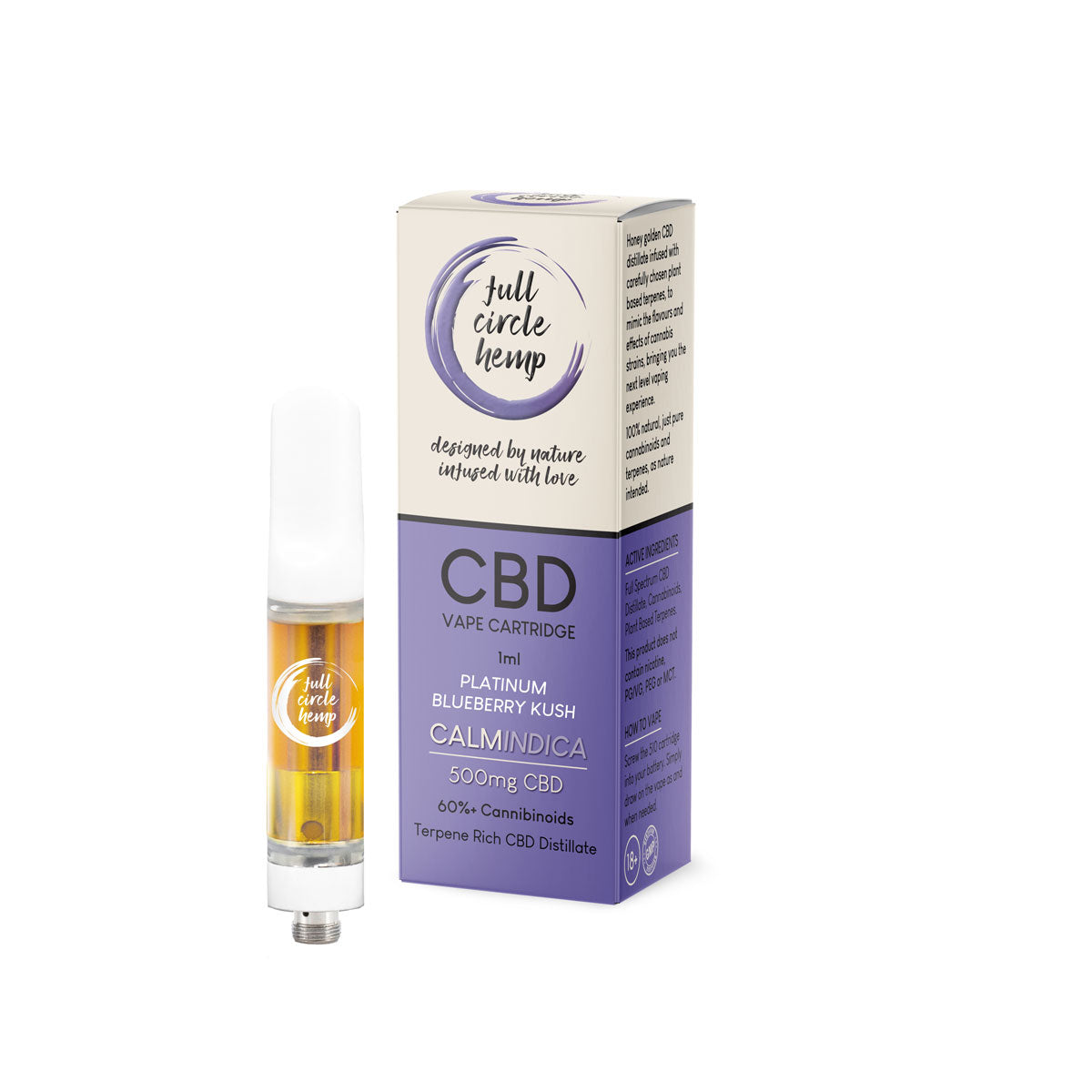 CBD Vape Dublin, 50% Vape Oil Distillate Platinum Blueberry Kush 1ml Cartridge from Full Circle Hemp Ireland