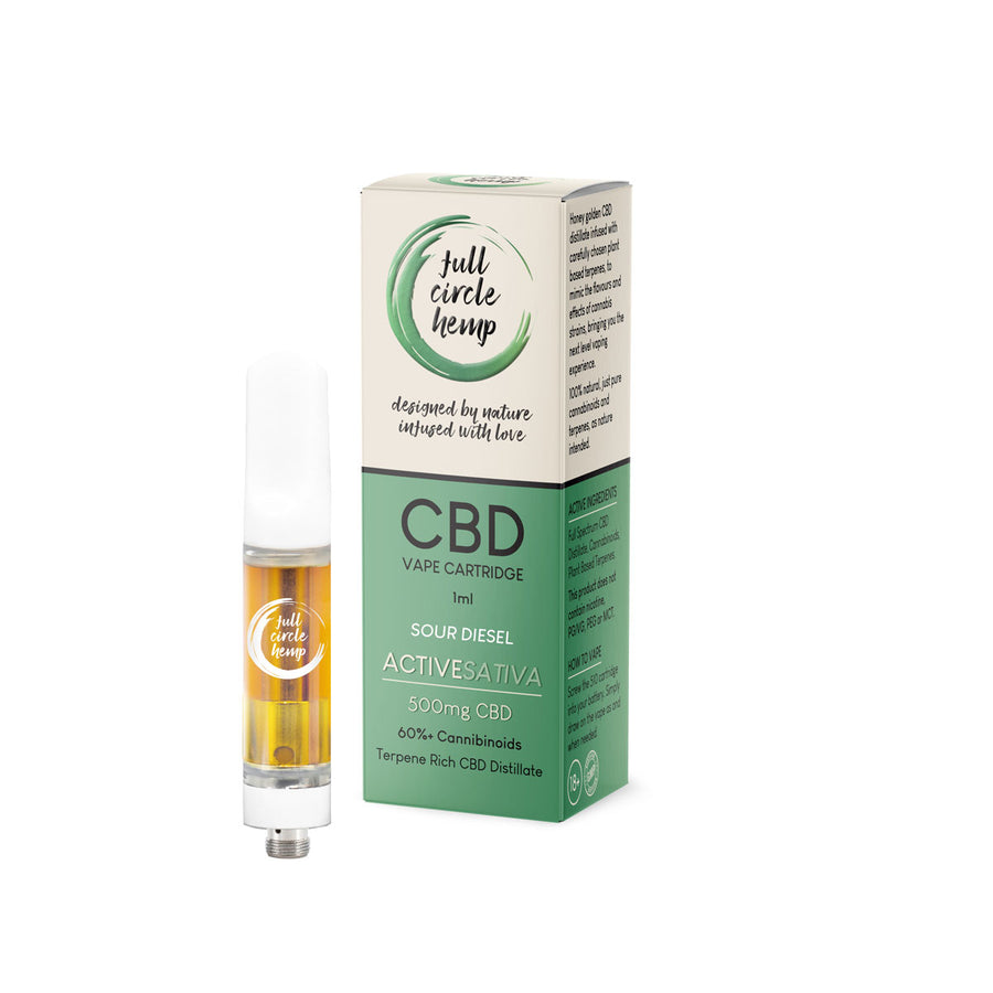 Sour Diesel 1ml CBD vape cartridge, by Full Circle Hemp